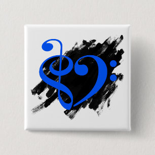 Treble and Bass Clef Musical Heart Royal Blue 2 Inch Square Button