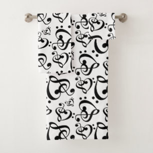 Treble Bass Clef Hearts Music Notes Pattern Bath Towel Set
