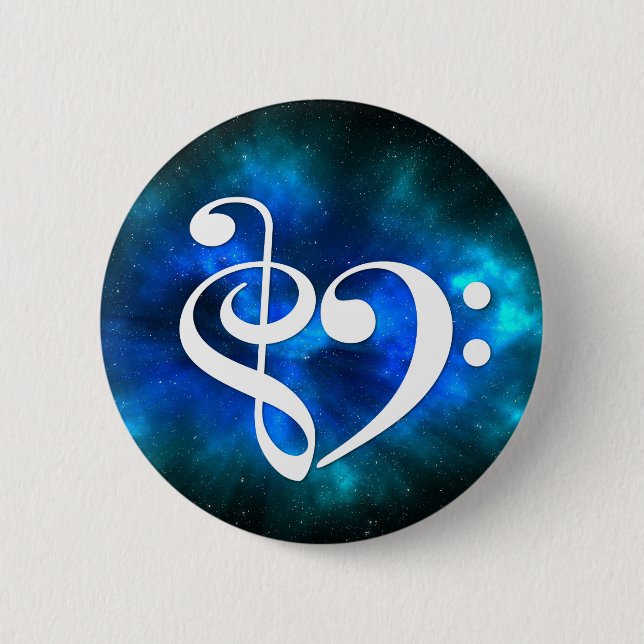 Treble Clef Bass Clef Heart Blue Burst Nebula 2 Inch Round Button (Front)