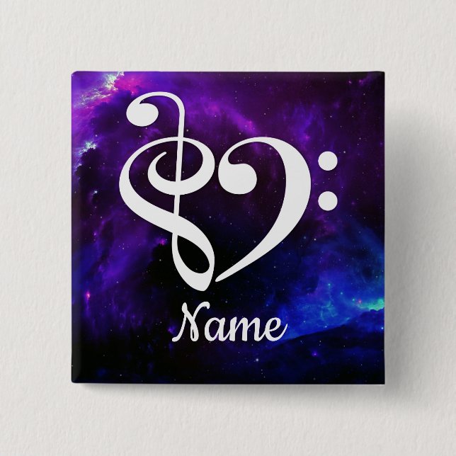 Treble Clef Bass Clef Heart Blue Nebula Customized 2 Inch Square Button (Front)