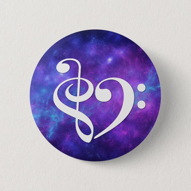 Treble Clef Bass Clef Heart Purple Teal Nebula 2 Inch Round Button (Front)