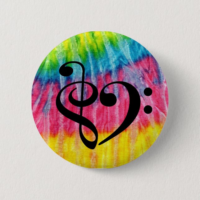 Treble Clef Bass Clef Heart Retro Hippie Tie-Dye 2 Inch Round Button (Front)
