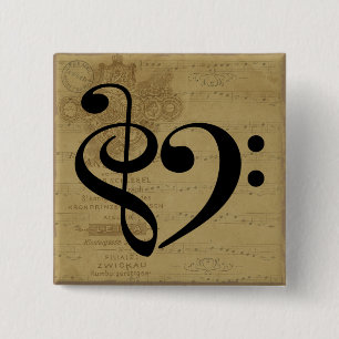 Treble Clef Bass Clef Heart Vintage Sheet Music 2 Inch Square Button