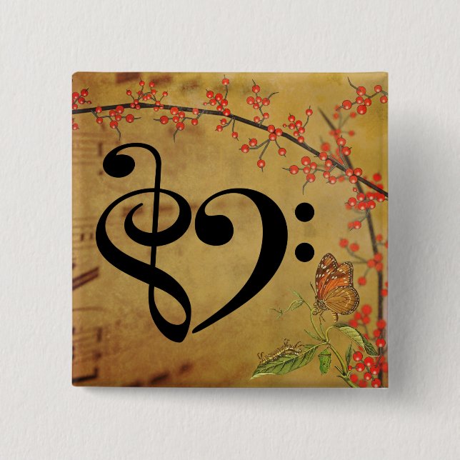 Treble Clef Bass Clef Musical Heart Sheet Music 2 Inch Square Button (Front)