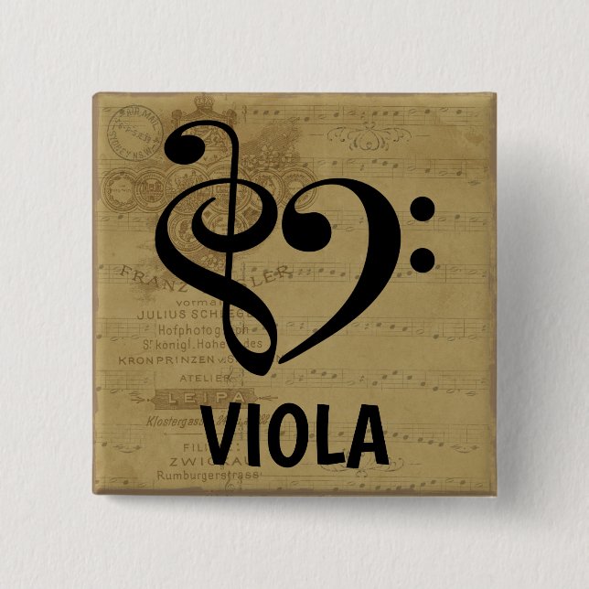 Treble Clef Bass Clef Musical Heart Viola 2 Inch Square Button (Front)