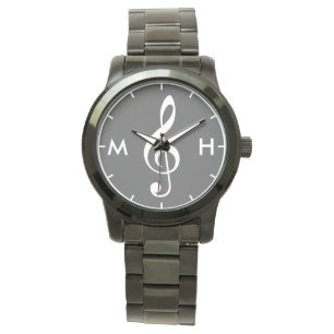 treble clef black white personalized initials watch
