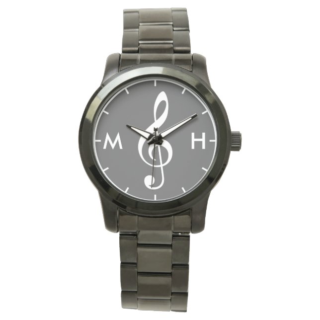 treble clef black white personalized initials watch (Front)