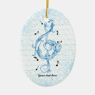 Treble clef blue scrollwork sol note key ceramic ornament