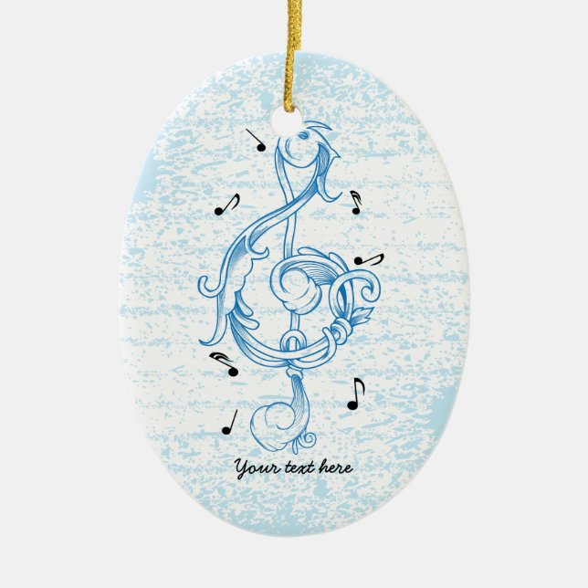 Treble clef blue scrollwork sol note key ceramic ornament (Front)