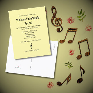 Treble Clef Flute Music Recital Simple Concert  Invitation Postcard