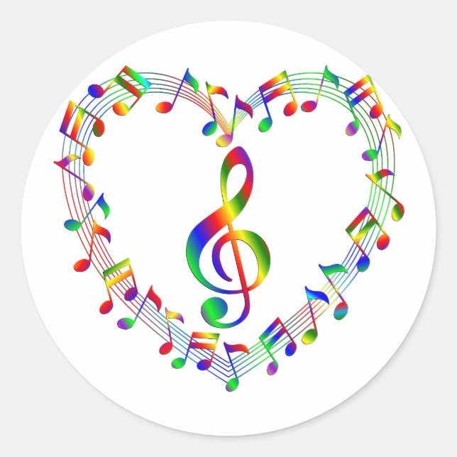 Treble Clef Inside Heart of Music Notes Classic Round Sticker (Front)