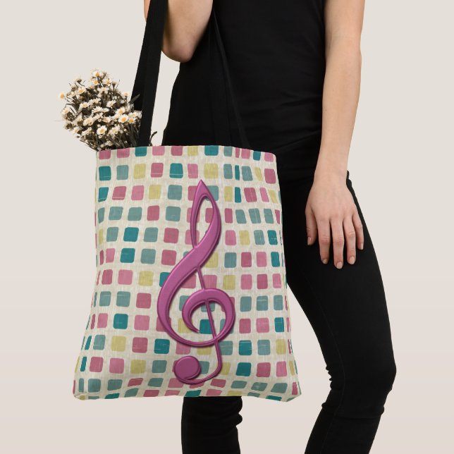 Treble Clef Mosaic Pattern Pink and Teal Tote Bag (Close Up)