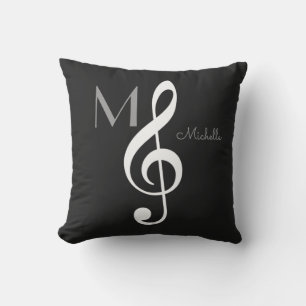 treble clef music note monogram black throw pillow