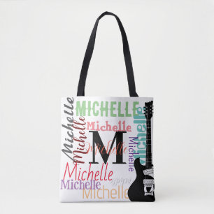 treble clef music note monogram with colour names  tote bag