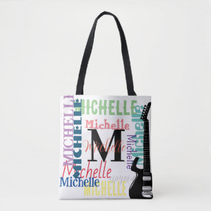 treble clef music note monogram with colour names  tote bag