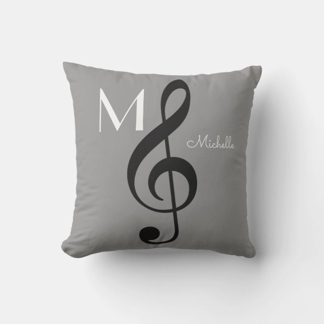treble clef music note monogrammed grey throw pillow (Front)