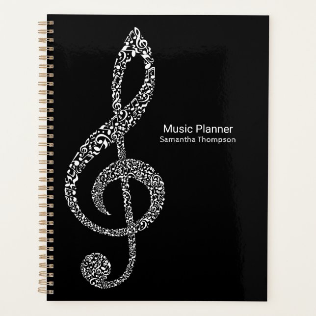 Treble Clef Music Notes Full Name Black and White  Planner (Front)