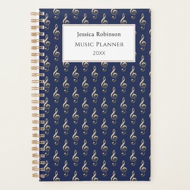 Treble Clef Music Themed Pattern Elegant Navy Blue Planner (Front)