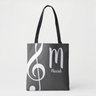 treble clef musical note monogram with name tote bag