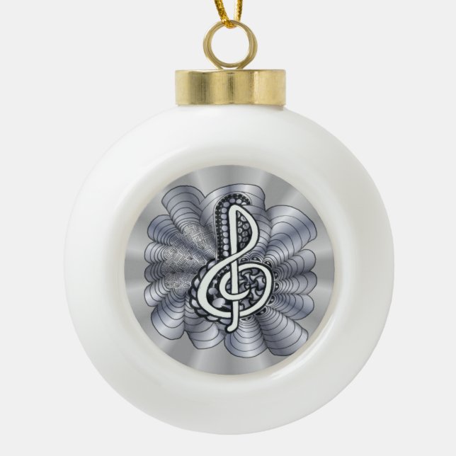 Treble Clef Silver Customizable Ceramic Ball Christmas Ornament (Front)