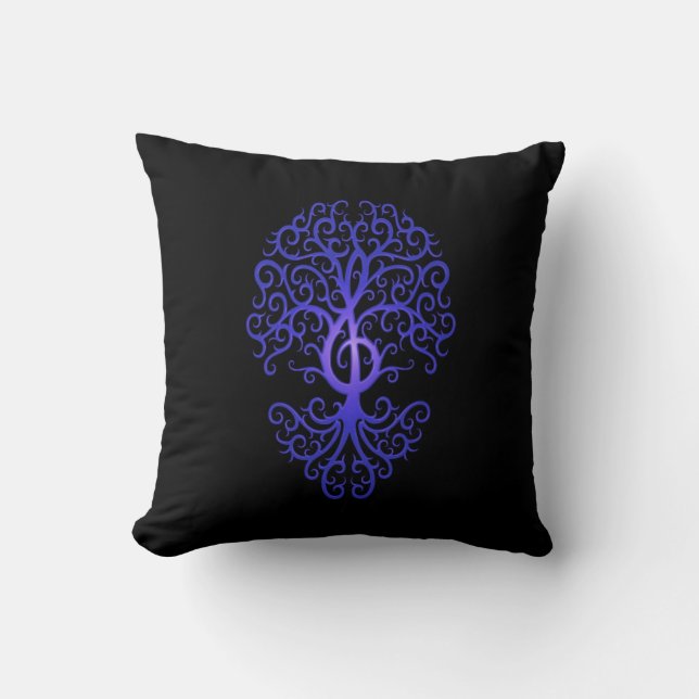 Treble Clef Tree, blue & black Throw Pillow (Front)