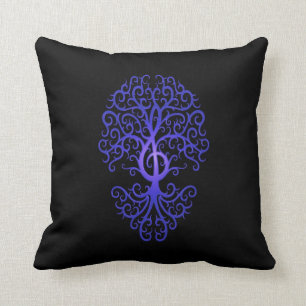 Treble Clef Tree, blue & black Throw Pillow
