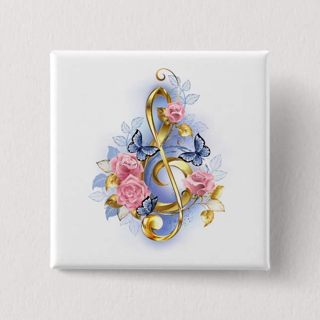 Treble clef with Pink Roses 2 Inch Square Button (Front)