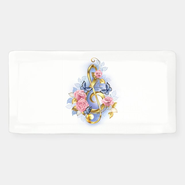 Treble clef with Pink Roses Banner (Horizontal)