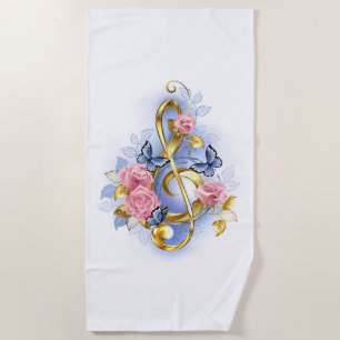 Treble clef with Pink Roses Beach Towel