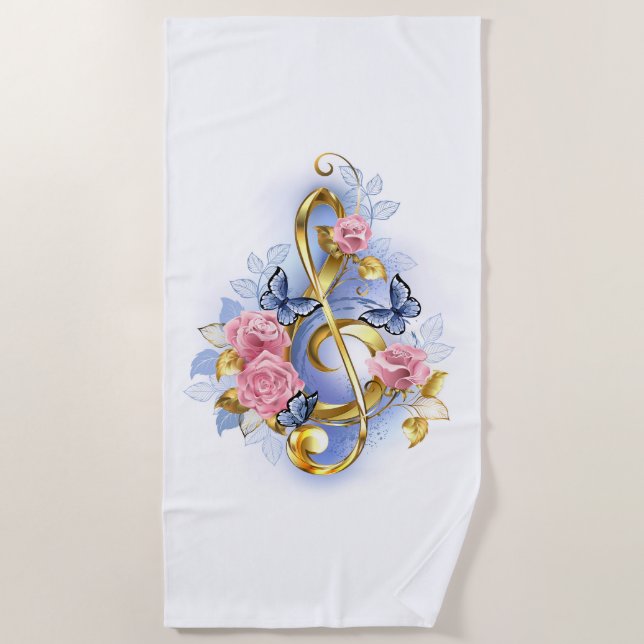 Treble clef with Pink Roses Beach Towel (Front)