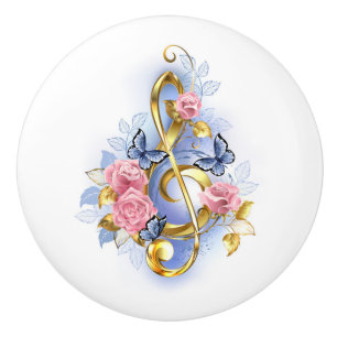 Treble clef with Pink Roses Ceramic Knob