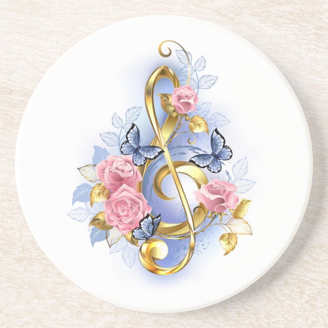 Treble clef with Pink Roses Coaster (Front)