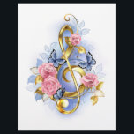 Treble clef with Pink Roses Flyer<br><div class="desc">Gold,  jewellery,  treble clef decorated with delicate,  artistically painted pink roses with fluttering blue butterflies.</div>