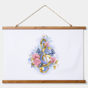 Treble clef with Pink Roses Hanging Tapestry