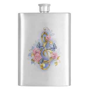 Treble clef with Pink Roses Hip Flask