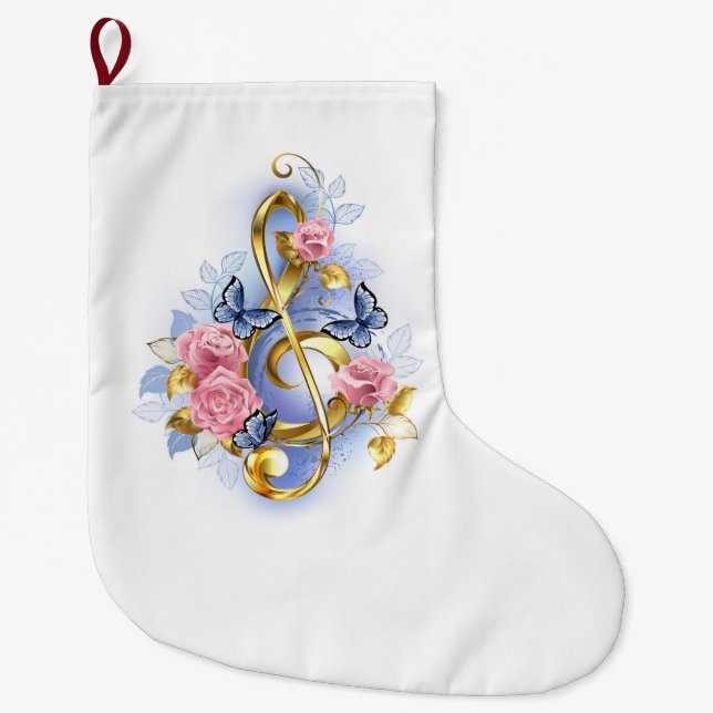 Treble clef with Pink Roses Large Christmas Stocking (Front)