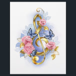 Treble clef with Pink Roses Letterhead<br><div class="desc">Gold,  jewellery,  treble clef decorated with delicate,  artistically painted pink roses with fluttering blue butterflies.</div>