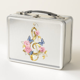 Treble clef with Pink Roses Metal Lunch Box