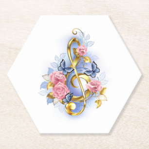 Treble clef with Pink Roses Paper Coaster