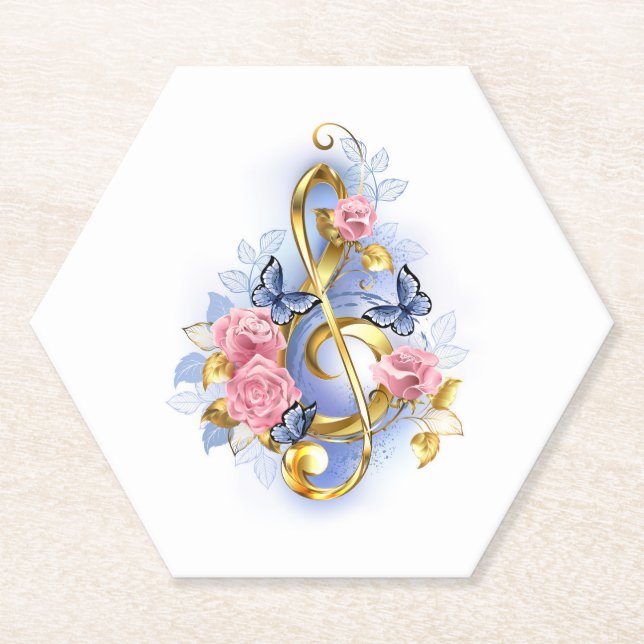 Treble clef with Pink Roses Paper Coaster (Front)