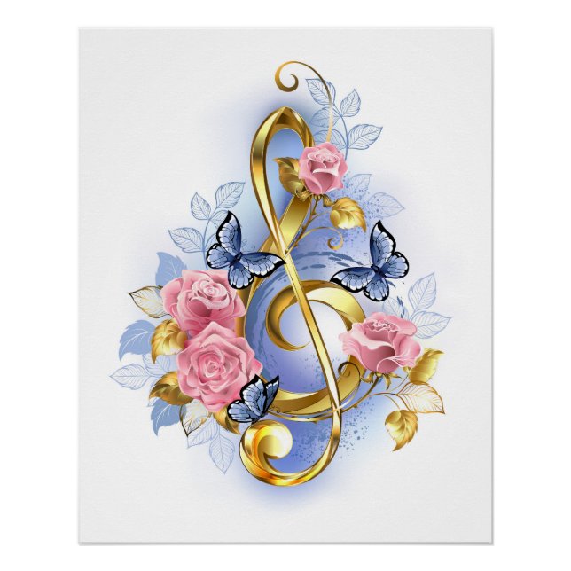 Treble clef with Pink Roses Poster (Front)