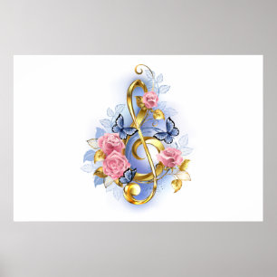 Treble clef with Pink Roses Poster