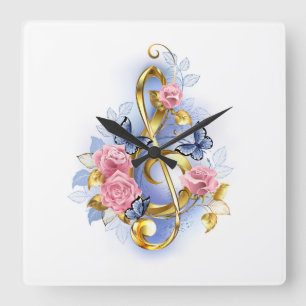 Treble clef with Pink Roses Square Wall Clock