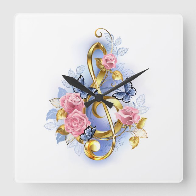 Treble clef with Pink Roses Square Wall Clock (Front)
