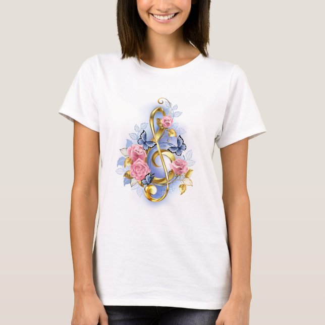 Treble clef with Pink Roses T-Shirt (Front)
