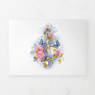 Treble clef with Pink Roses Tri-Fold Holiday Card