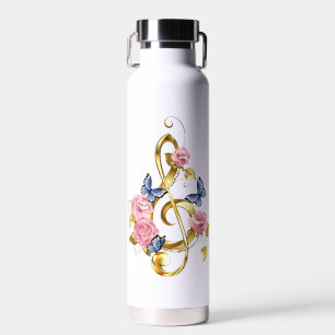 Treble clef with Pink Roses Water Bottle