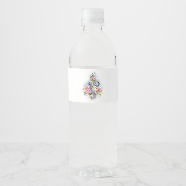 Treble clef with Pink Roses Water Bottle Label (Front)