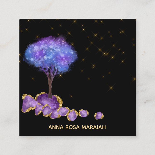 *~* Tree Amethyst Jewels Gold Glitter Magical Square Business Card (Front)