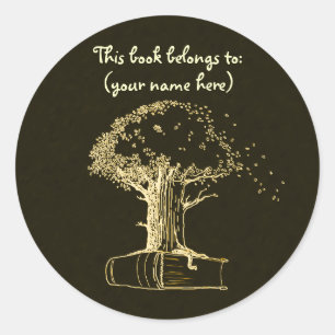 Tree and a book, dark yellow classic round sticker